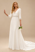Rutipo Ivory A-Line Plunge Neck Long Sleeves Chapel Train Elastic Satin Wedding Dresses