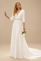 Rutipo Ivory A-Line Plunge Neck Long Sleeves Chapel Train Elastic Satin Wedding Dresses