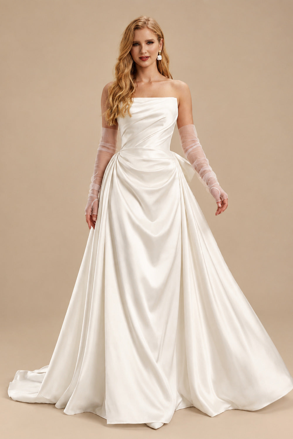 Rutipo Ivory A-Line Strapless Sleeveless Court Train Satin Wedding Dresses With Bow