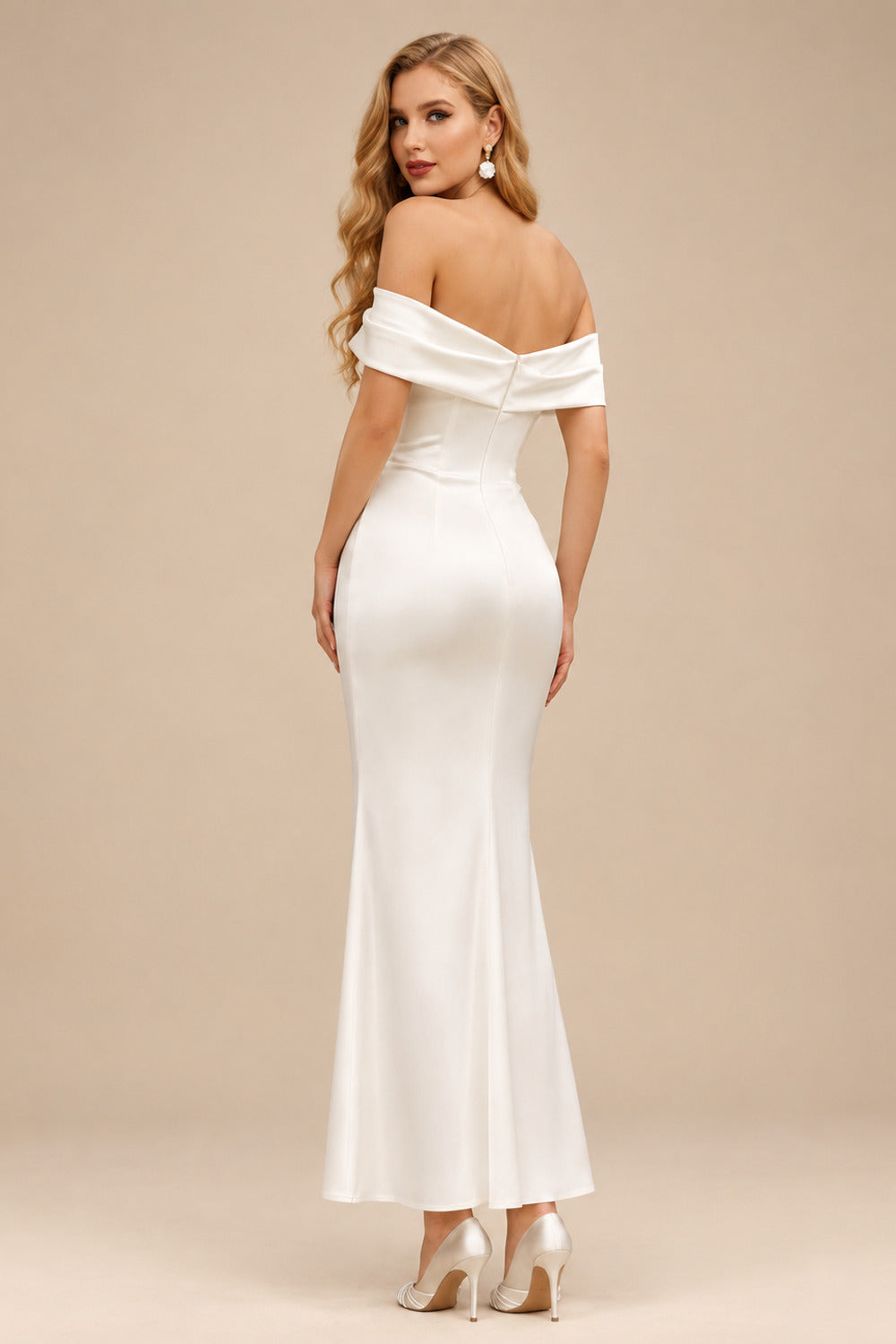 Rutipo Ivory Trumpet/Mermaid Asymmetrical Short Sleeves Ankle-Length Crepe Satin Wedding Dresses