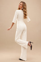 Rutipo Ivory Jumpsuit/Pantsuit Scoop Neck 3/4 Sleeves Floor-Length Elastic Satin Wedding Dresses With Beading