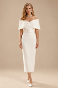 Rutipo Ivory Sheath/Column Off-The-Shoulder Sleeveless Ankle-Length Elastic Satin Wedding Dresses With Back Slit