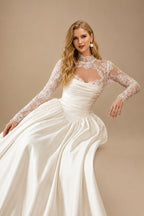 Rutipo Ivory A-Line/Ball-Gown Scoop Neck Long Sleeves Court Train Satin Wedding Dresses With Lace