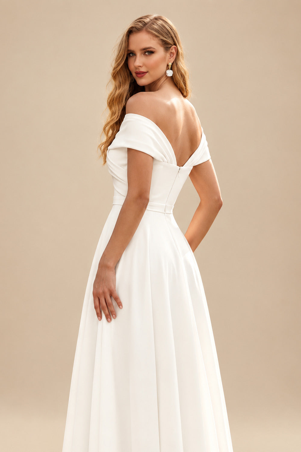Rutipo Ivory Elegant A-Line Off-The-Shoulder Sleeveless Tea-Length Chiffon Wedding Dresses
